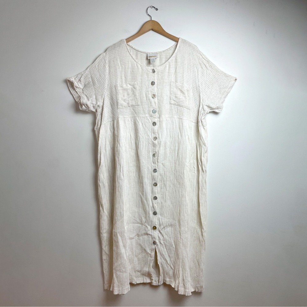 Cream Linen Blend Button Front Midi Dress Vintage Cottagecore Plus Size 26/28